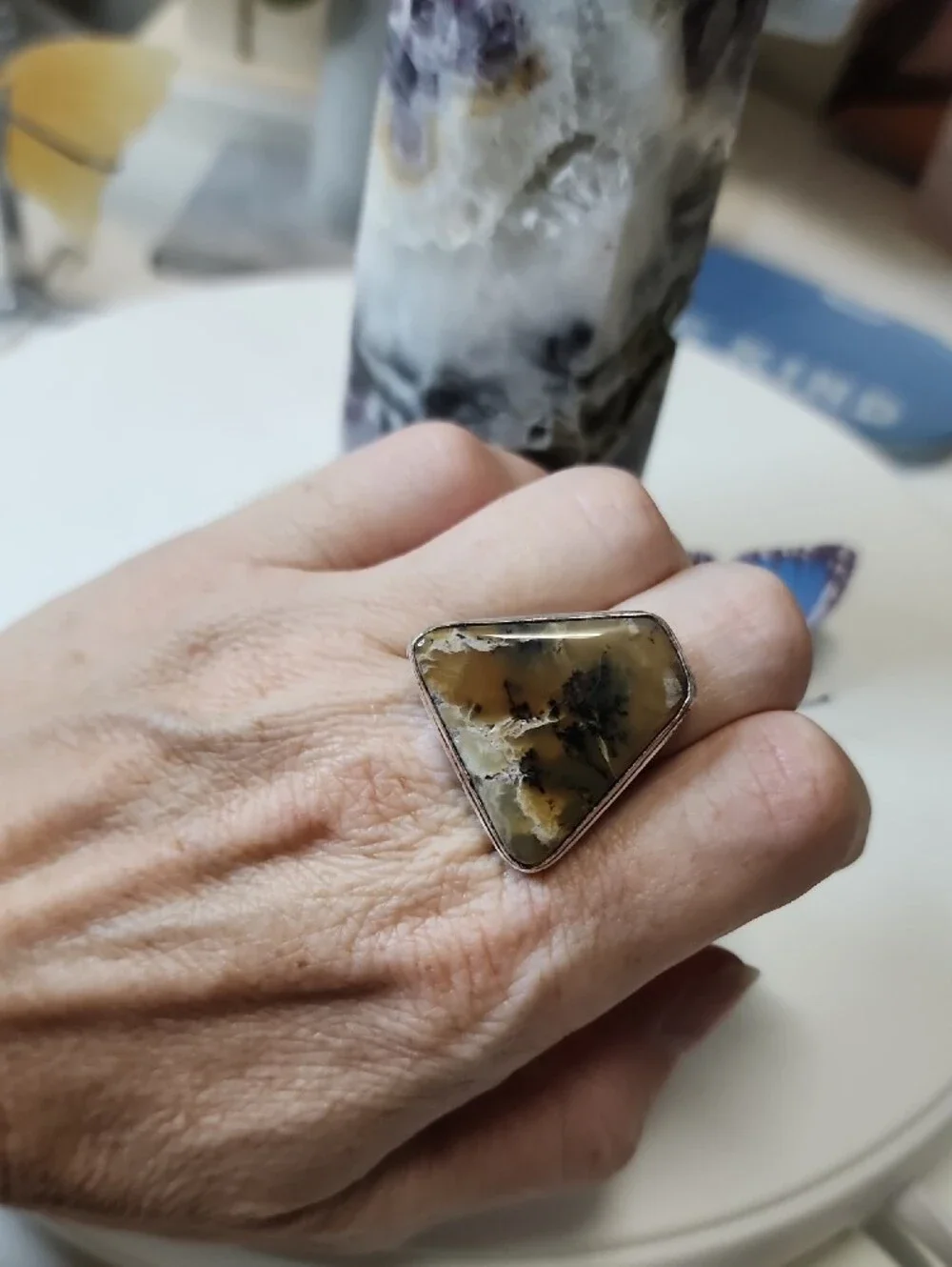 Triangle Dendritic Agate Statement Ring in Brown and Cream
